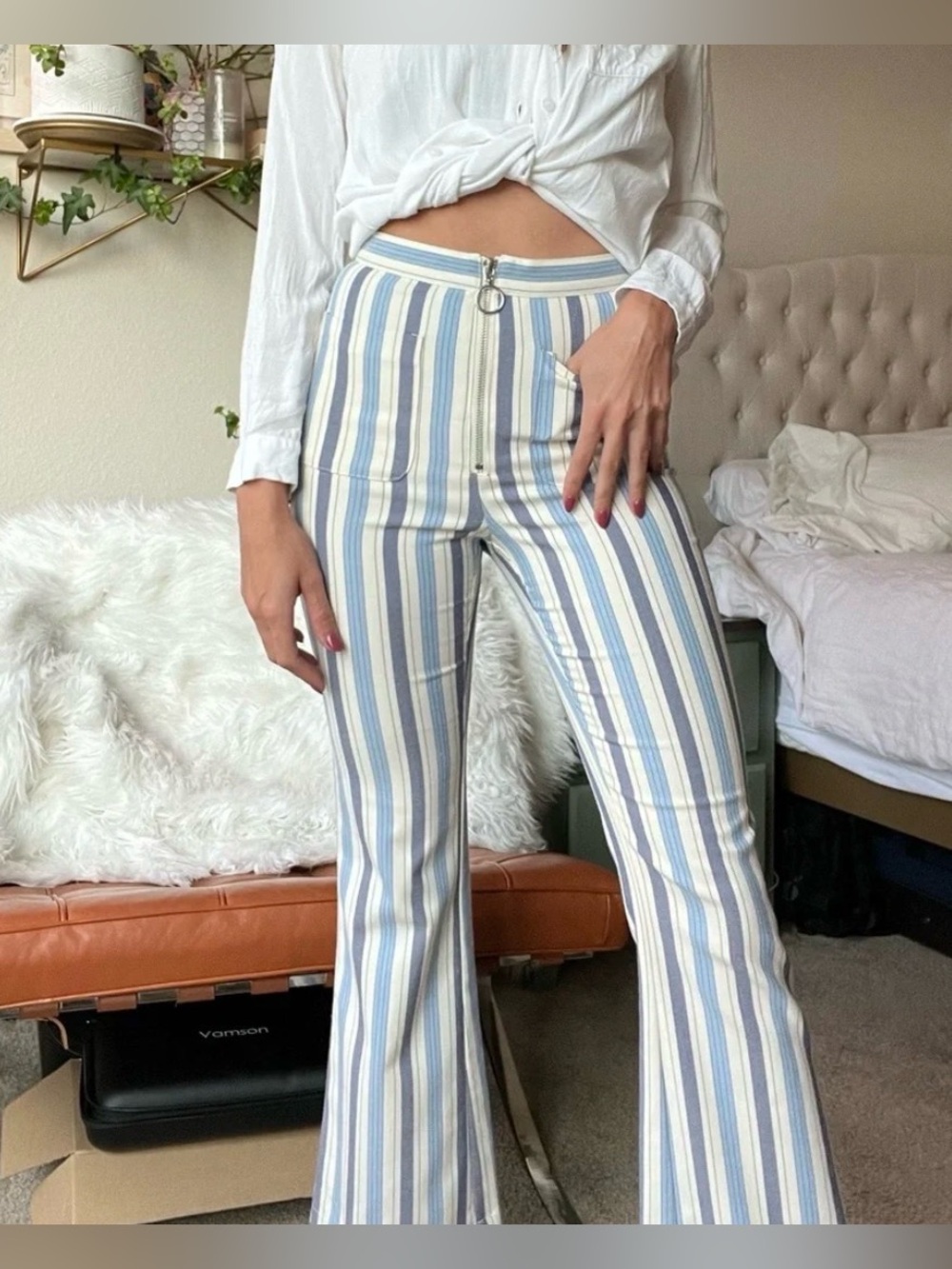 Urban Outfitters Striped Flare Festival Hippie Pants Blue Cream Size 0